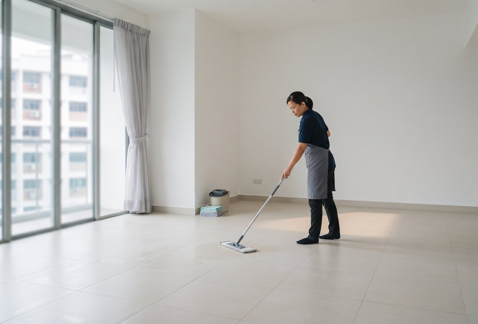 Empty apartment being cleaned before handover