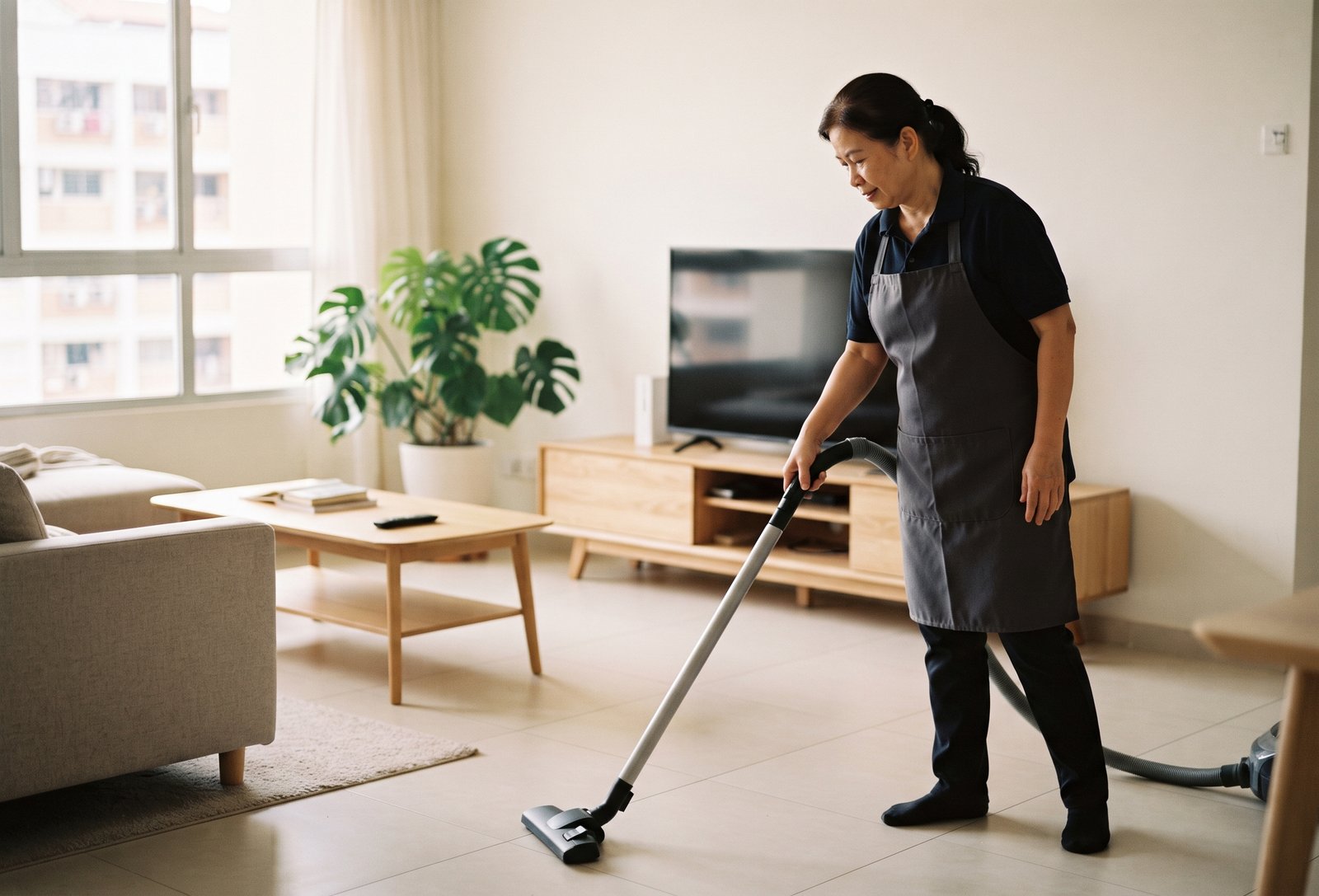 Cleaner tidying a bright living room